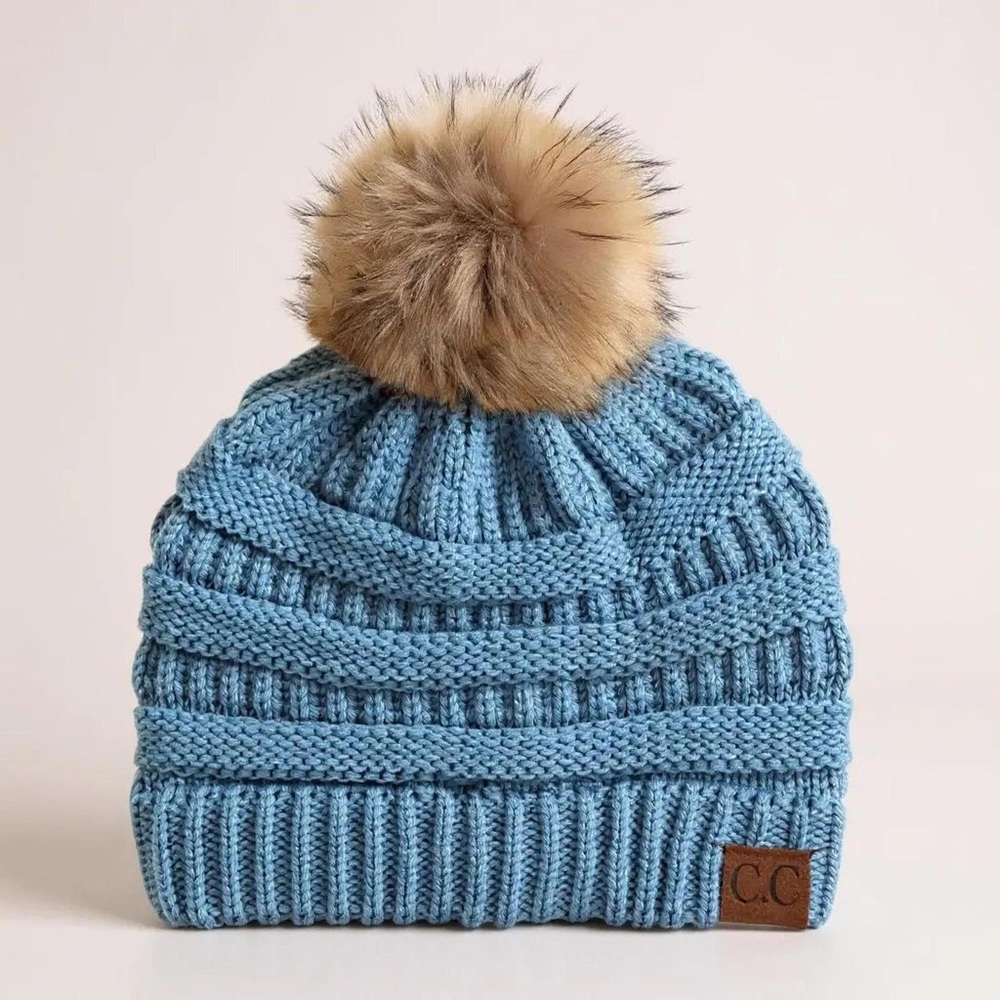 C.C K Blue Knit Beanie with Pom
